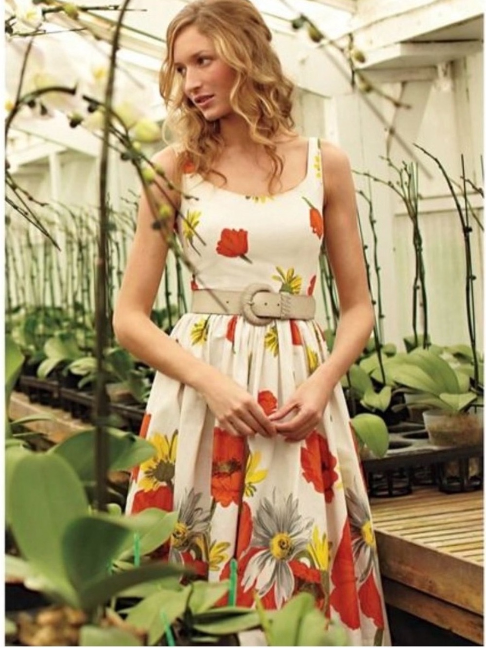 Anthropologie Moulinette Soeurs White Dress with Orange & Yellow Blooms